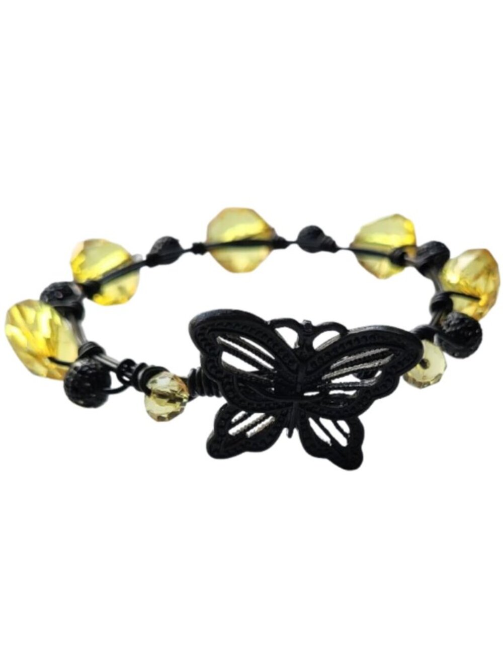 HANDCRAFTED Black & Gold Beaded Wire Wrapped Butterfly Bangle Bracelet
